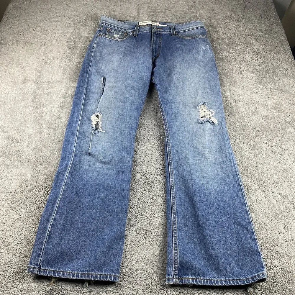Levis 527 Low Boot Cut Jeans Mens 34x30 Blue Medium Wash Mid Rise Distressed Rip
